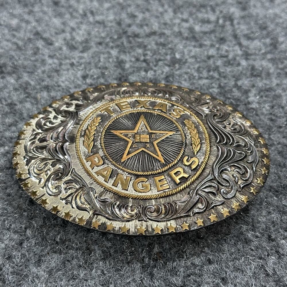 Western Texas Rangers COWBOY Belt Buckle! VINTAGE! RARE! Crumrine! SILVER PLATED - Picture 2 of 7